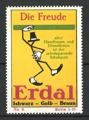 Reklamemarke Erdal Schuhputz zur Freude aller Hausfrauen und Diensboten, Figur mit Hut