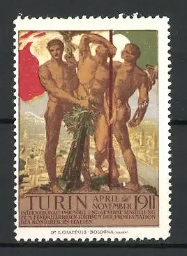 Reklamemarke Turin, Internationale Industrie- und Gewerbe-Ausstellung 1911, nackte Männer mit Flagge