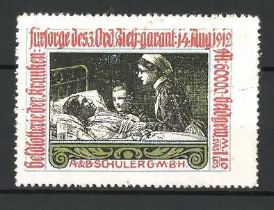 Reklamemarke Geldlotterie der Krankenfürsorge 1912, A. & B., Schuler München, Krankenschwester am Krankenbett