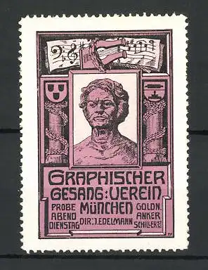 Reklamemarke Graphischer Gesang-Verein München, Dir. J. Edelmann, Büste und Lyra