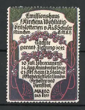 Reklamemarke Emissionshaus f. Kirchen & Wohltätigkeitslotterien 1912, A. & B. Schuler München