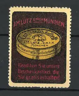 Reklamemarke Sanitäts-Huffett von J. M. Lutz, München, Dose