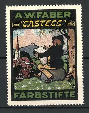 Künstler-Reklamemarke Castell Farbstifte, A. W. Faber, Maler zeichnet eine Stadt
