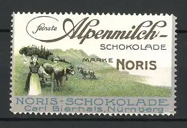 Reklamemarke Noris feinste Alpenmilch-Schokolade, Carl Bierhals, Nürnberg, Bäuerin mit Kühen auf der Weide