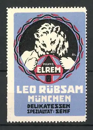 Reklamemarke Elrem Delikatessen Senf, Leo Rübsam, München, Firmenlogo Löwe