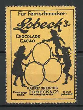 Reklamemarke Lobeck's Dreiring Chocolade & Cacao, Kinder spielen mit Reifen