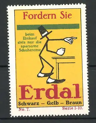 Reklamemarke Erdal sparsame Schuhcreme, Figur mit Hut steht am Tisch, Serie 1-10, No. 7