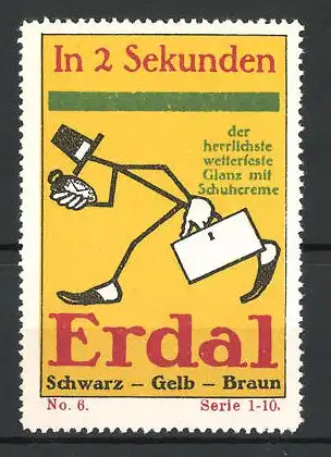 Reklamemarke Erdal sparsame Schuhcreme, Figur mit Hut und Aktentasche auf eine Uhr schauend, Serie 1-10, No. 6