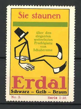 Reklamemarke Erdal sparsame Schuhcreme, Figur mit Hut blickt auf seine glänzenden Schuhe, Serie 1-10, No. 5