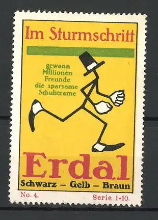 Reklamemarke Erdal sparsame Schuhcreme, Figur mit Hut im Sturmschritt, Serie 1-10, No. 4