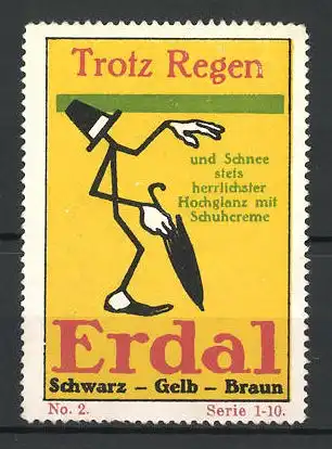Reklamemarke Erdal sparsame Schuhcreme, Figur mit Hut und Regenschirm, Serie 1-10, No. 2