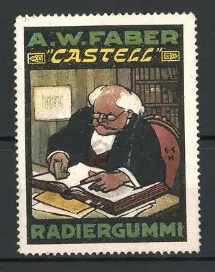 Künstler-Reklamemarke Castell Radiergummi, A. W. Faber, Professor sitzt am Schreibtisch
