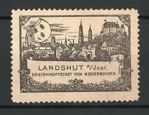 Reklamemarke Landshut / Isar, Stadtpanorama und Stadtwappen