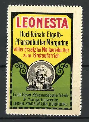 Reklamemarke Leonesta hochfeinste Eigelb-Pflanzenbutter-Margarine, Leonh. Stadelmann, Nürnberg, Bäcker mit Kuchen
