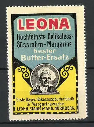 Reklamemarke Leona Delikatess-Süssrahm-Margarine, Leonh. Stadelmann, Nürnberg, Bäcker mit Kuchen