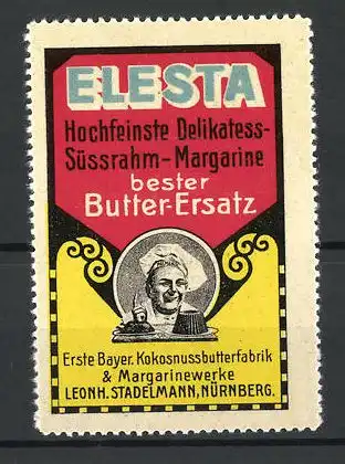Reklamemarke Elestra Delikatess-Süssrahm-Margarine, Leonh. Stadelmann, Nürnberg, Bäcker mit Kuchen