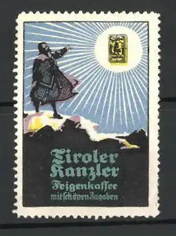 Reklamemarke Tiroler Kanzler Feigenkaffee, Knappe blickt vom Fels auf eine Schachtel