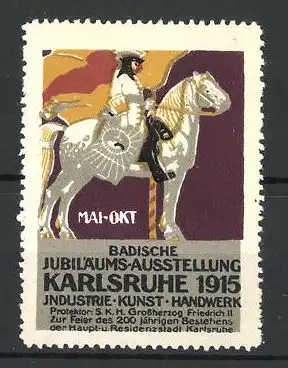 Reklamemarke Karlsruhe, Badische Jubiläums-Ausstellung 1915, Knappe mit Flagge auf Pferd