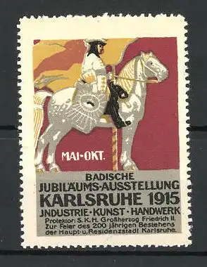 Reklamemarke Karlsruhe, Badische Jubiläums-Ausstellung 1915, Knappe auf Pferd sitzend