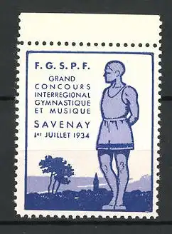 Reklamemarke Savenay, Grand Concours Interregional Gymnastiqe et Musique 1934, Sportler am Stadtrand