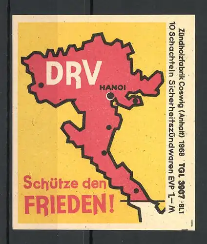Reklamemarke Zündholzfabrik Coswig 1968, Schütze den Frieden, Landkarte Hanoi