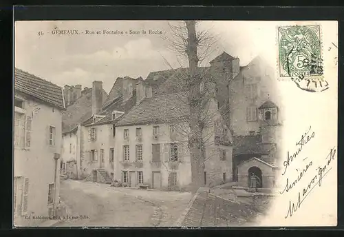 AK Gemeaux, Rue et Fontaine Sous la Roche, Strassenpartie