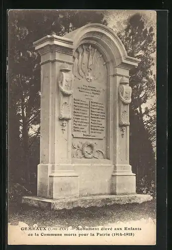 AK Gemeaux, Monument élevé aux Enfants de la Commune morts pour la Patrie 1914-18