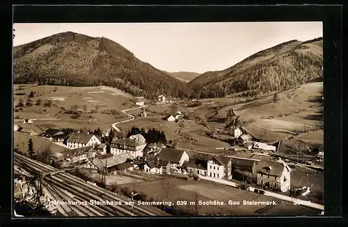 AK Steinhaus am Semmering, Gesamtansicht mit der Bahnstrecke im Vordergrund