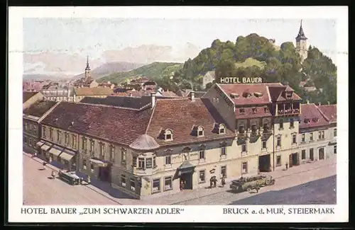 AK Bruck a. d. Mur, Hotel Bauer Zum Schwarzen Adler aus der Vogelschau