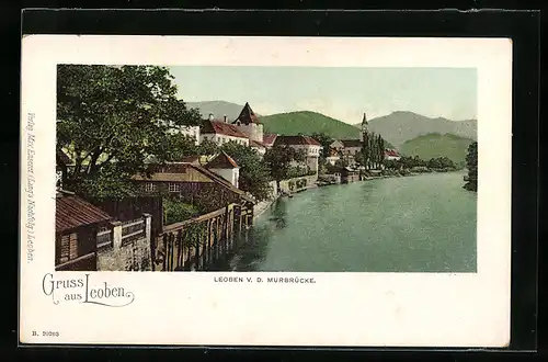 AK Leoben, Stadtansicht von der Murbrücke aus gesehen
