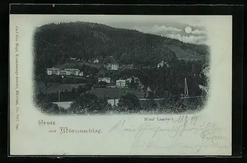 Mondschein-AK Mürzzuschlag, das Hotel Lambach