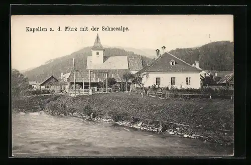 AK Kapellen a. d. Mürz, Blick vom Ufer zur Kirche mit der Schneealpe