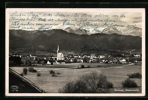 AK Zeltweg, Ortsansicht mit Gebirgspanorama