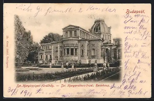 AK Budapest, Sct. Margarethen-Insel, Besucher am Badehaus