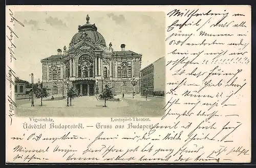 Lithographie Budapest, vor dem Lustspiel-Theater