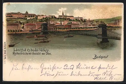 Lithographie Budapest, Kettenbrücke mit Ansicht von Osten