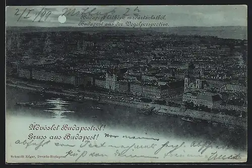 Mondschein-AK Budapest, Gesamtansicht aus der Vogelschau