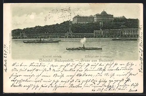 Lithographie Budapest, Blick hinauf zur Königlichen Hofburg