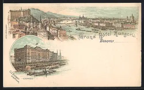 Lithographie Budapest, Panorama und Hotel Hungaria