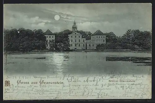 Mondschein-AK Gravenstein, Blick vom Ufer zum Schloss