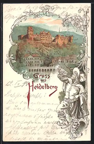 Lithographie Heidelberg, Trompeter von Säckingen, Behüt Dich Gott! um 1900