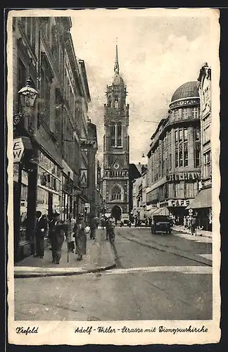 AK Krefeld, Strasse und Dionysiuskirche