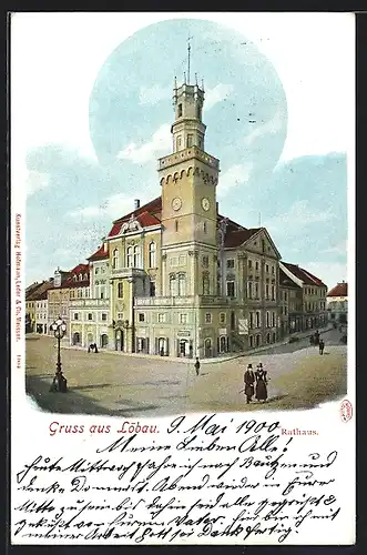 AK Löbau, Strassenpartie am Rathaus