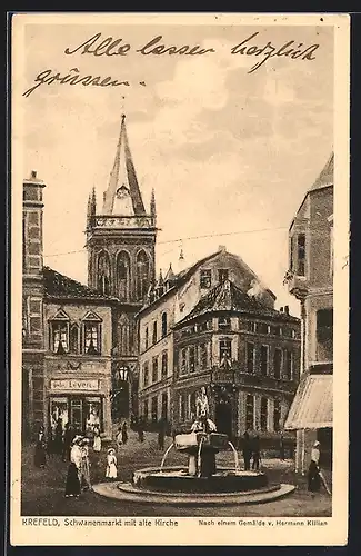 Künstler-AK Krefeld, Schwanenmarkt mit alter Kirche