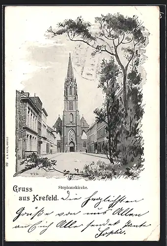 Künstler-AK Crefeld, Stephanstrasse mit Blick zur Stephanskirche