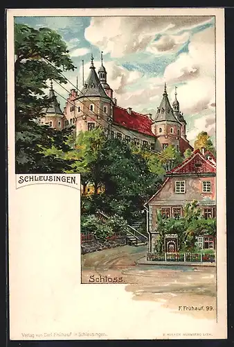Lithographie Schleusingen, Strassenpartie mit Blick zum Schloss