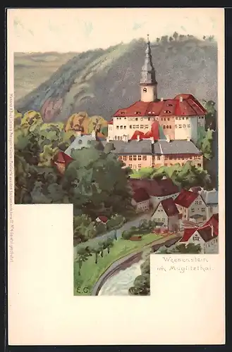 Künstler-AK Weesenstein im Müritzthal, Panoramaansicht