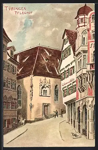 Künstler-AK Tübingen, Strassenpartie Pfleghof mit Cafe