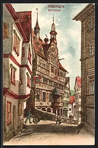 Künstler-AK Tübingen, Blick auf das Rathaus