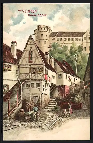 Künstler-AK Tübingen, Strassenblick in die Haag-Gasse